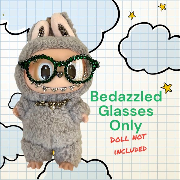 Bedazzled Rhinestone Embellished Glasses for your Labubu - Green - Picture 1 of 5